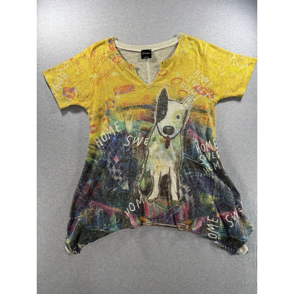 Inoah Women's L Dog Print Tunic Top Home Sweet Home Sharkbite Hem Boho USA